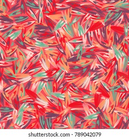 Vivid geometrical seamless pattern with randomly spread hearts. St. Valentine's Day texture. Bright red, orange, green colors.