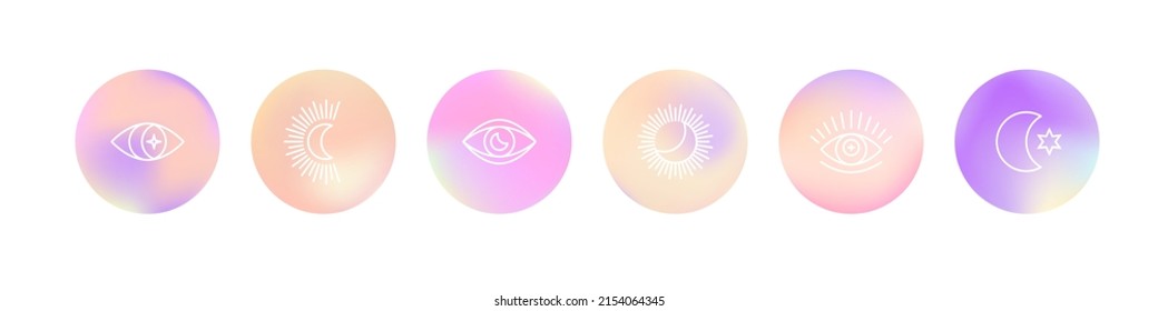 Vivid gradient circles with line art of sun, moon and mystic evil eye. Beautiful fluid holographic iridescent color spheres for stories highlights