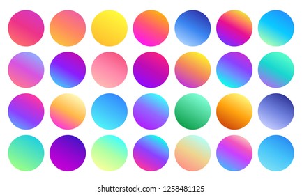 Vivid gradient spheres. Minimalist multicolor circles, abstract 80s vibrant colors and modern gradients sphere. Purple and cyan futuristic button isolated vector symbols set