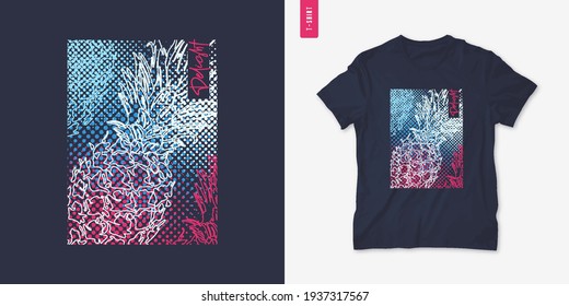 Vivid graphic tee design with pineapple, stylish print, vector illustration.