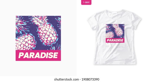 Vivid graphic womens tee with pineapple, stylish print, vector illustration.