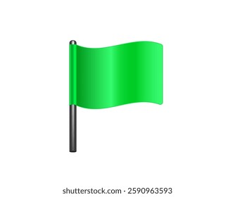 A vivid green flag, waving gently, is perched atop a sleek black flagpole.