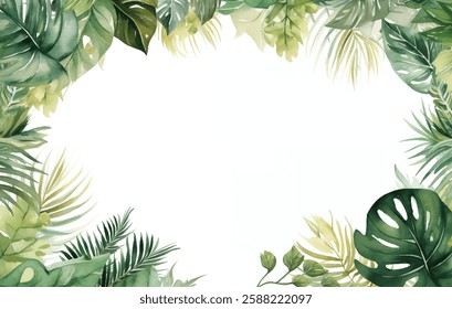 Vivid green foliage creates a beautiful border that invites creativity and serves as inspiration for artistic endeavors, artistic watercolor illustration