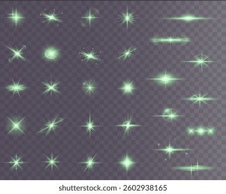 vivid green light flare with sparkling bursts, glowing particles, and magical highlights. Ideal for fantasy scenes, firefly effects, lucky designs, and abstract nighttime visuals. Vector transparent