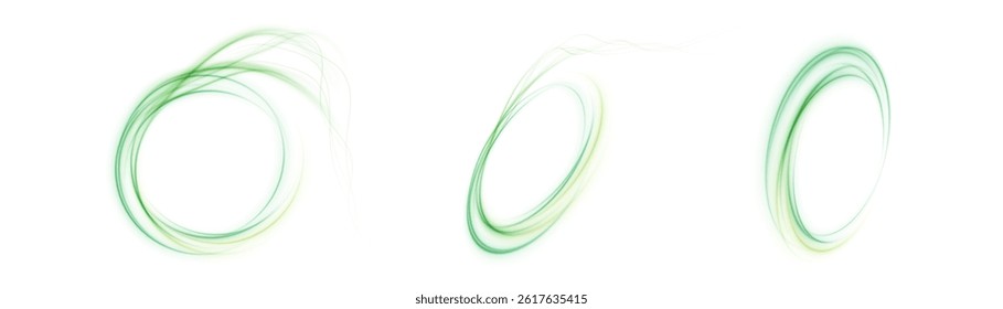 Vivid green light swirl with magical glow for fantastic visual effects, nature effects and eco design. Isolated on transparent background PNG
