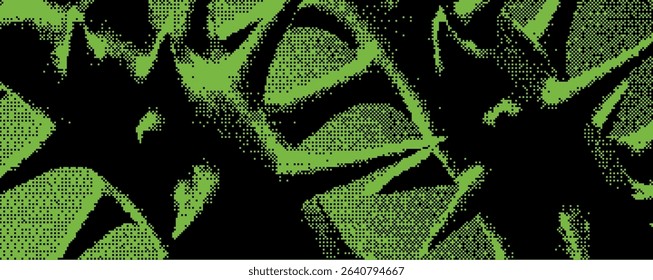 Vivid green spikes and geometric shapes intertwine in a striking abstract design set against a deep black backdrop, showcasing a captivating visual interplay of texture and color. . Bitmap pixel bg