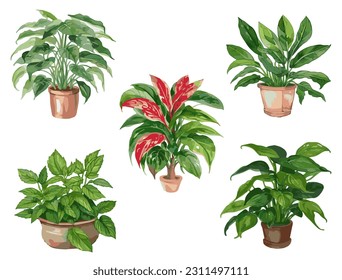 Colección vectorial de plantas de acuarela de color verde vivo. Plantas interiores en conjunto de dibujos de ollas.