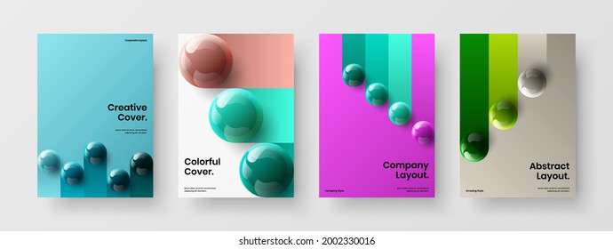 Vivid handbill A4 vector design layout set. Amazing 3D orbs company cover template composition.