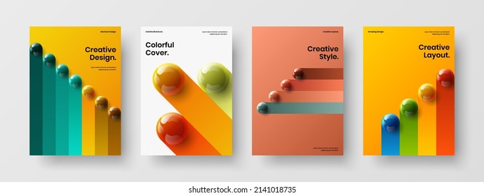 Vivid handbill design vector concept bundle. Amazing 3D spheres brochure layout collection.