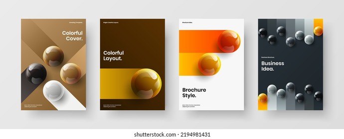 Vivid handbill design vector concept bundle. Modern 3D balls corporate cover illustration composition.