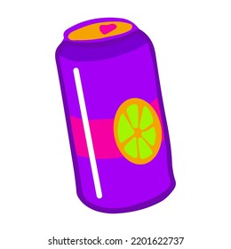 Vivid hand-drawn lemonade can. Purple can with lime slice in doodle style.
