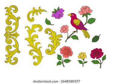 A vivid hand-drawn vector set featuring colorful vintage ornaments, baroque scrolls, blooming flowers, and a songbird. Ideal for classic decor, floral compositions, wedding design, antique illustratio