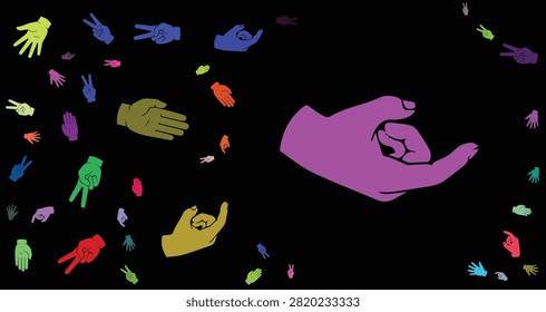 Vivid hands in different colors reaching out with small hands around on a dark background symbolizing unity diversity and collaboration in community