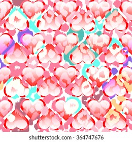 Vivid hearts pattern on a colorful leopard print. Funny invitation print with hearts and cheetah spots. Vector background