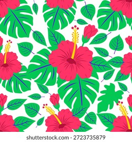 Padrão tropical vívido sem emenda do hibisco. Plano de fundo vetor com flores vermelhas e folhas verdes monstera para moda de verão, camisas festival Songkran, tecidos estilo Havaí, e roupas de praia.