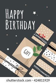 A vivid illustration of birthday with kraft boxes with a sprig of the plant