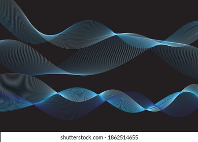 Vivid illustration of blue line waves on a black background. Example of linear wave design