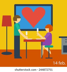 vivid illustration of a couple having dinner on Valentine's day with champagne in trendy flat style