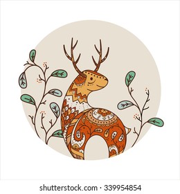A vivid illustration of a deer in a circle. Vector deer with floral ornaments and plants. Print or fabric for a card