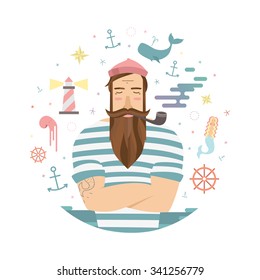 A vivid illustration of fairy tales sailor. Vector sailor with a pipe and anchors and mermaid for prints