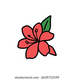 Vivid illustration featuring a red azalea flower with black outline and detailed stamen, paired with a single green leaf against a clean, white background.