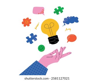 A vivid illustration with a hand reaching for a burning light bulb surrounded by colorful abstract shapes. A symbol of idea generation, inspiration, and the emergence of new ideas.