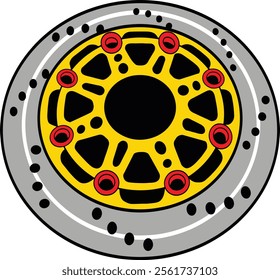 Vivid illustration of a high-performance brake disc with a striking yellow design, showcasing engineering precision and automotive artistry for car enthusiasts