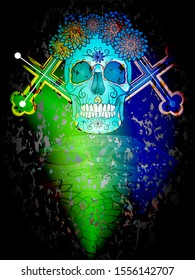 vivid illustration of human skull with cross on textured dark background