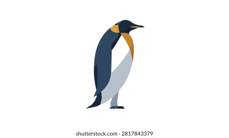 Vivid illustration of a king penguin with vibrant colors on icy terrain under a bright sky.