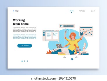 Vivid illustration of a multitasking girl in a remote job. Web page concept. All elements are isolated
