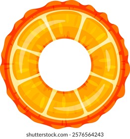 Vivid illustration of an orange shaped inflatable pool float ring. The design features vibrant shades of orange and yellow, resembling a citrus fruit slice with a circular, hollow center