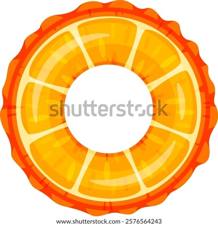 Vivid illustration of an orange shaped inflatable pool float ring. The design features vibrant shades of orange and yellow, resembling a citrus fruit slice with a circular, hollow center