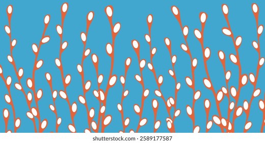 Vivid Illustration of Pussy Willow Branches on a Bright Blue Background. Patterned representation of pussy willow branches featuring vibrant colors, evoking a modern artistic style. 