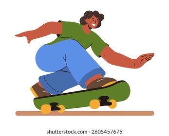 A vivid illustration of a smiling young man on a skateboard shows an active lifestyle, sports and extreme skating. Vector graphics. Go Skateboarding Day