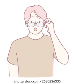 Uma ilustração vívida de um jovem surpreso ajustando seus óculos, mostrando curiosidade e intriga