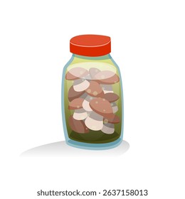 A vivid illustration of a transparent jar filled with preserved mushrooms, featuring a red lid and a few mushrooms scattered around