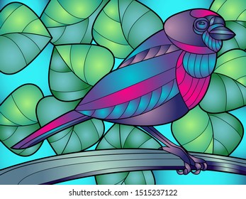 vivid illustration of a tropical bird on a leaf background, stained glass style