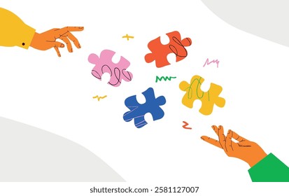 A vivid illustration with two hands reaching for each other and colorful puzzle pieces between them. A metaphor for the process of teamwork, problem solving, customer development.