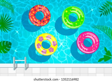 A vivid illustration of the water texture in the pool with inflatable circles for swimming top view. vector illustration