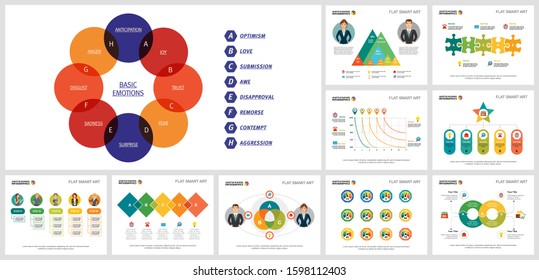 Vivid infographics design set for development report layout, annual infographic, slides, web design. Business and analysis concept with venn diagram, bar, percentage, process, and step charts.