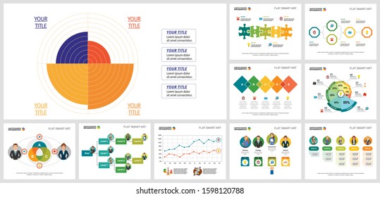 Vivid infographics template set for business report layout, annual presentation, site graphic. Business and analysis concept with radial diagram, percentage, process, and cycle charts.