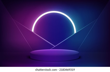 Vivid interior with podium and circle neon light. Vector 3d illustration

