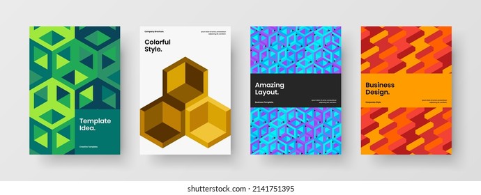 Vivid journal cover A4 design vector layout collection. Minimalistic mosaic pattern booklet illustration set.