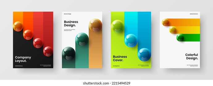 Vivid journal cover A4 design vector concept set. Trendy 3D balls brochure illustration bundle.