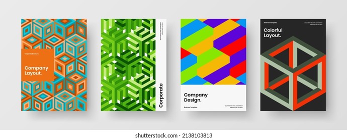 Vivid journal cover A4 vector design illustration set. Simple mosaic shapes corporate brochure layout composition.