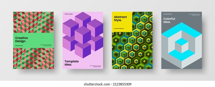 Vivid journal cover design vector concept collection. Bright mosaic hexagons pamphlet illustration set.