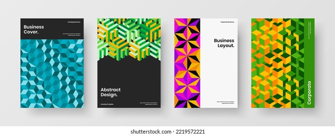 Vivid journal cover design vector template collection. Colorful mosaic tiles poster illustration bundle.