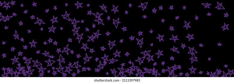 Vivid Kids Vibrant Childish Black Bright Handdrawn Stars. Violet Chaotic Lavender Night Sky Simple Childish Handdrawn Picture. Emo Dark Stars Simple Naive Pink Art Purple Stars Background.
