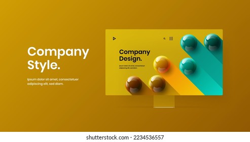 Vivid landing page design vector template. Unique monitor mockup website layout.