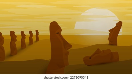 vivid landscape with stone idols of easter island at sunset 